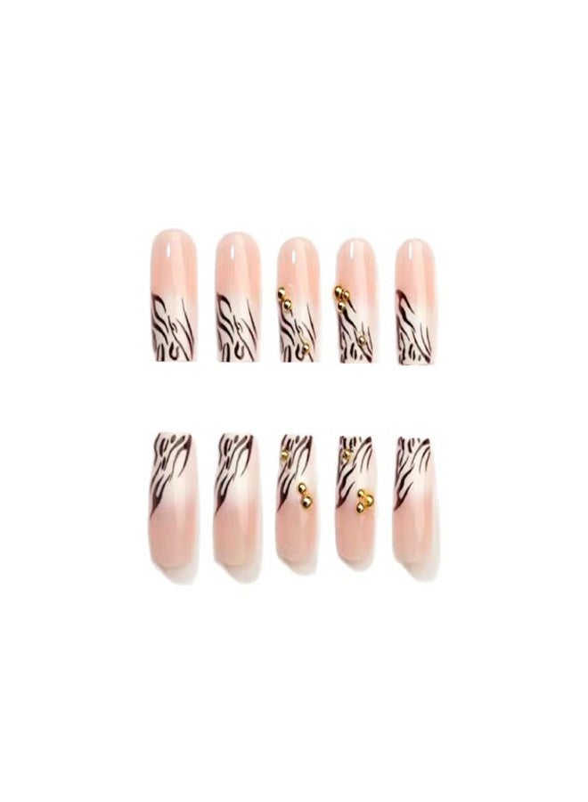 SINHOT Press on Nails - Medium Square Fake Nails, Glossy Finish, Zebra Stripes & Gold Pearls, DIY Artificial False Nail Art - 24 Pcs Nail Kit with Glue - Image 5